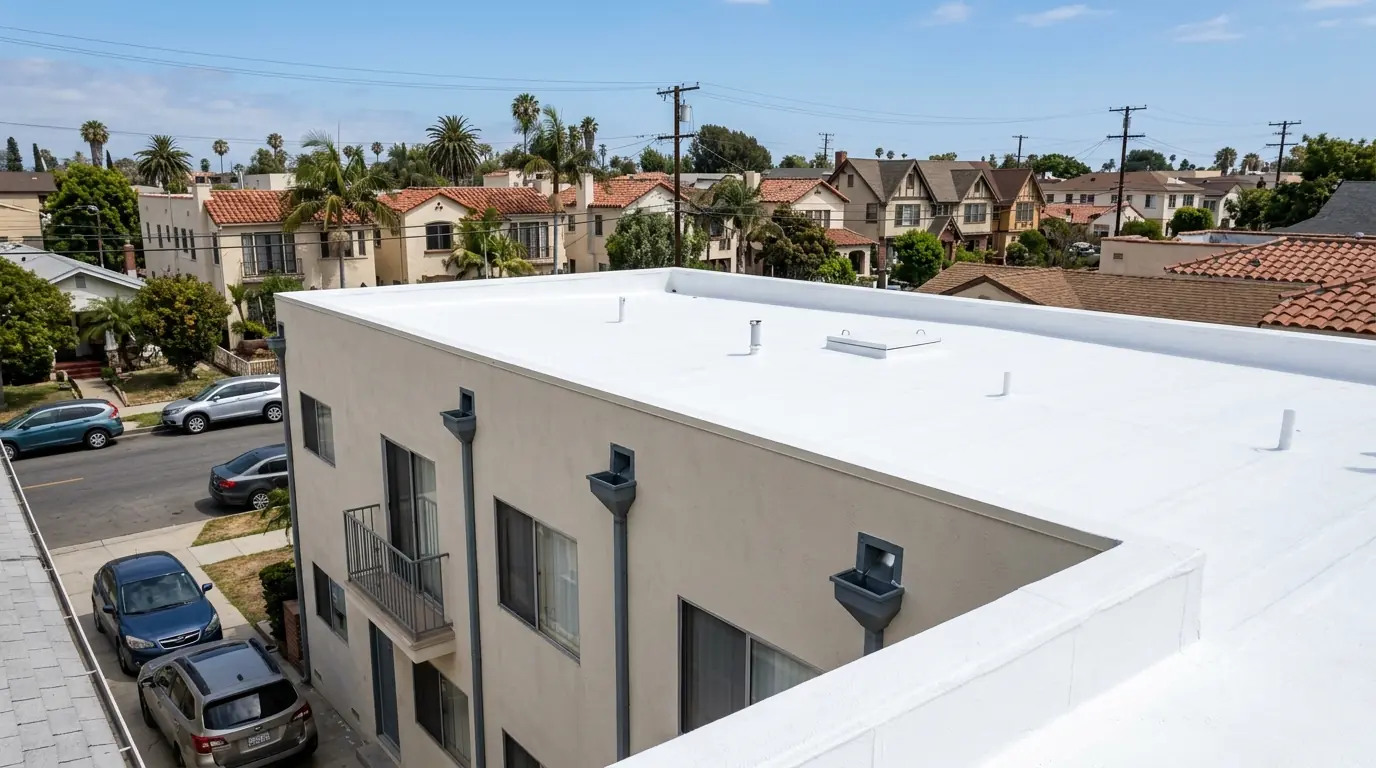 White coated flat roof on a Los Angeles duplex