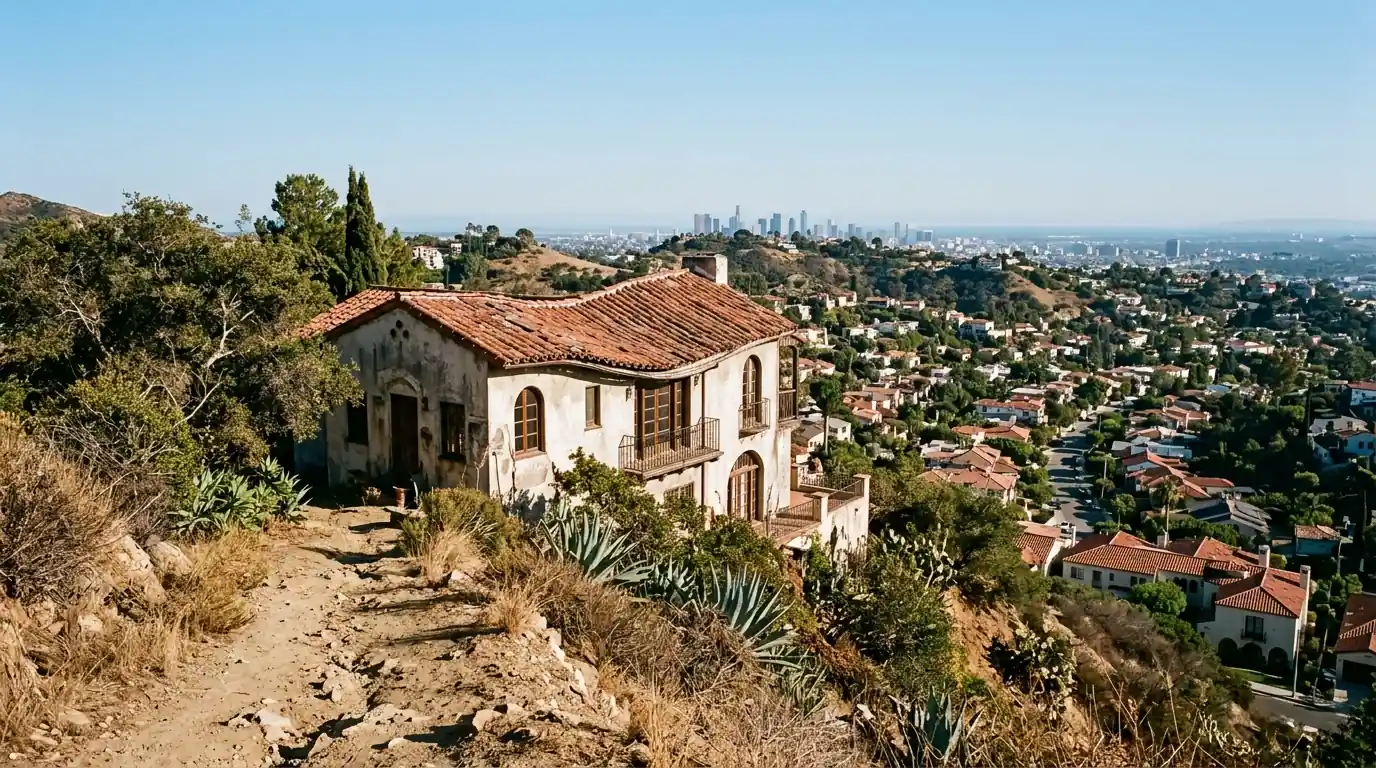 Visible sag along the ridge of an older house
