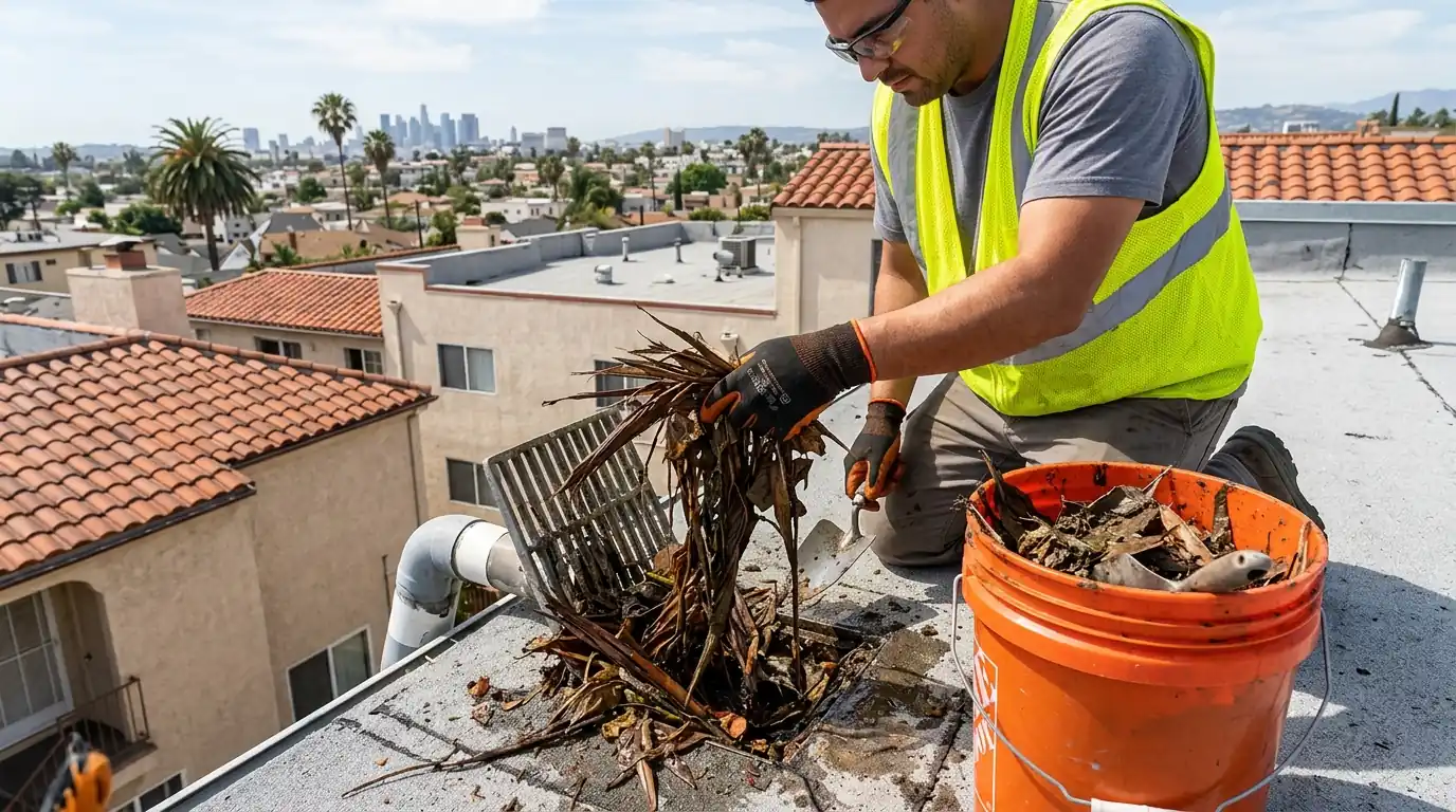 Flat roof drain being cleared of palm debris