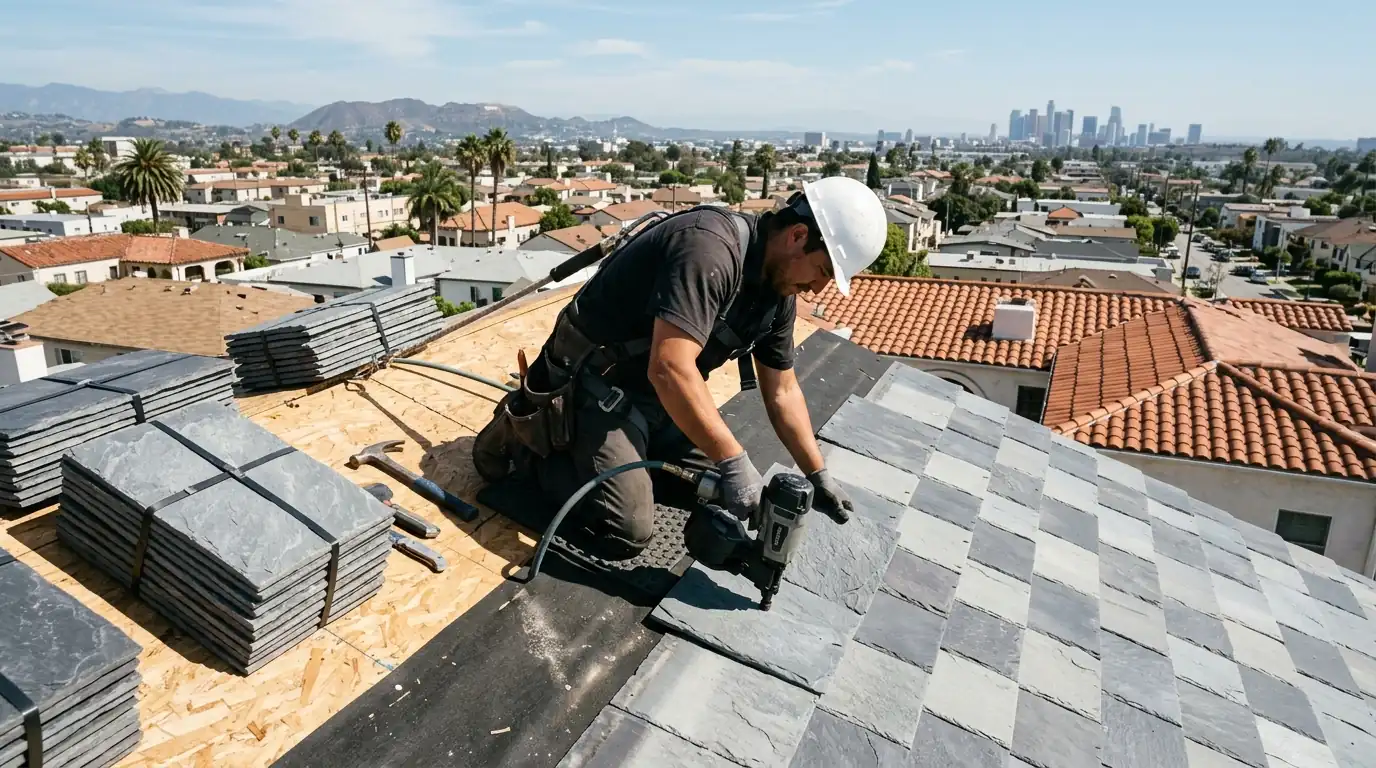 Roofer nailing composite slate tiles