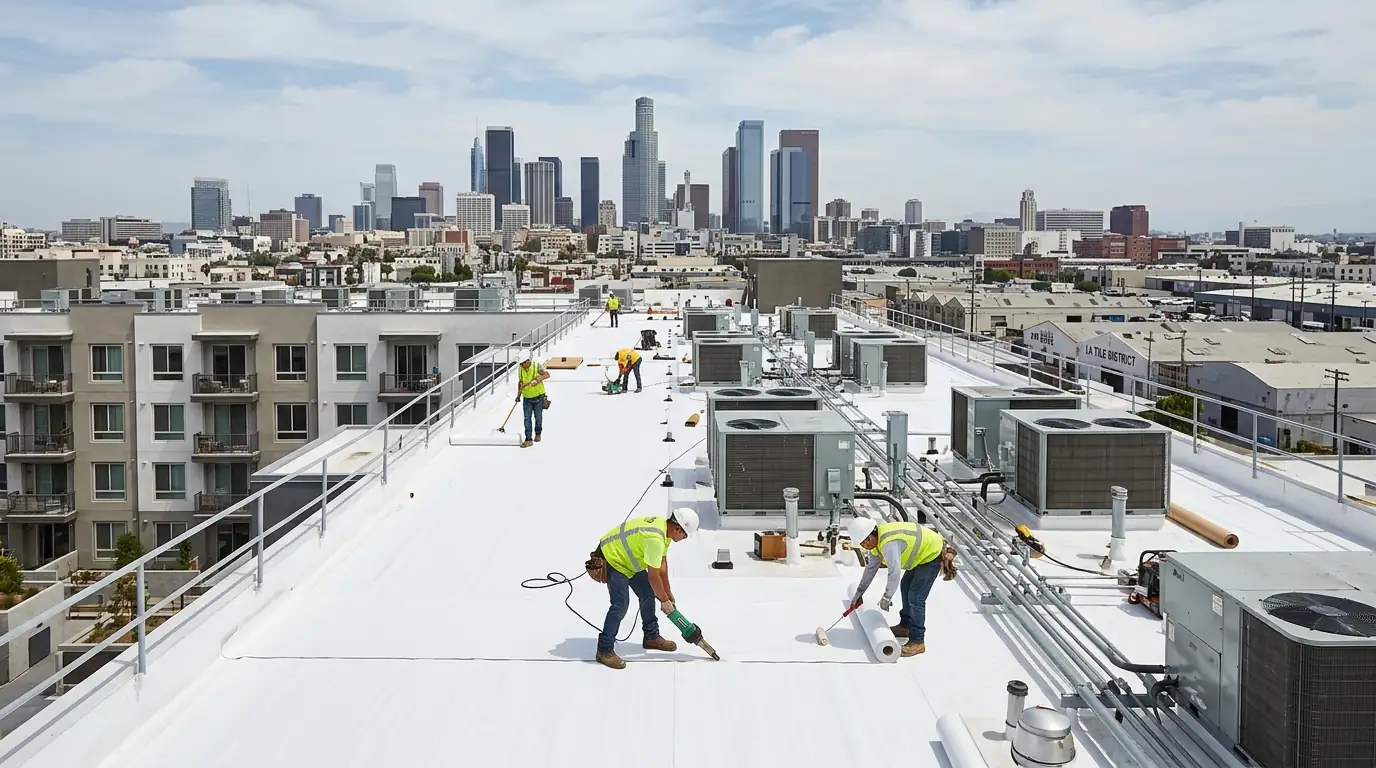 Crew installing single-ply on an apartment building roof
