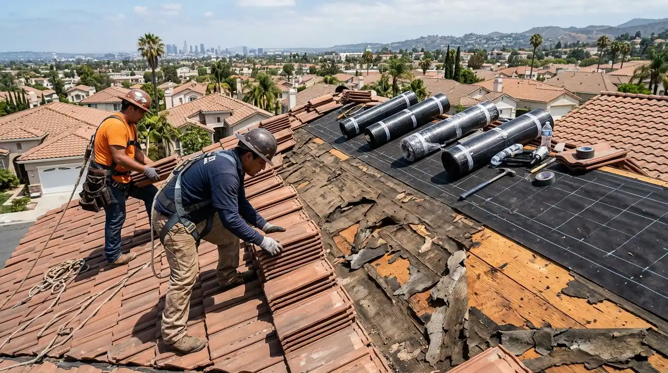 Crew stacking lifted tile to expose torn felt paper
