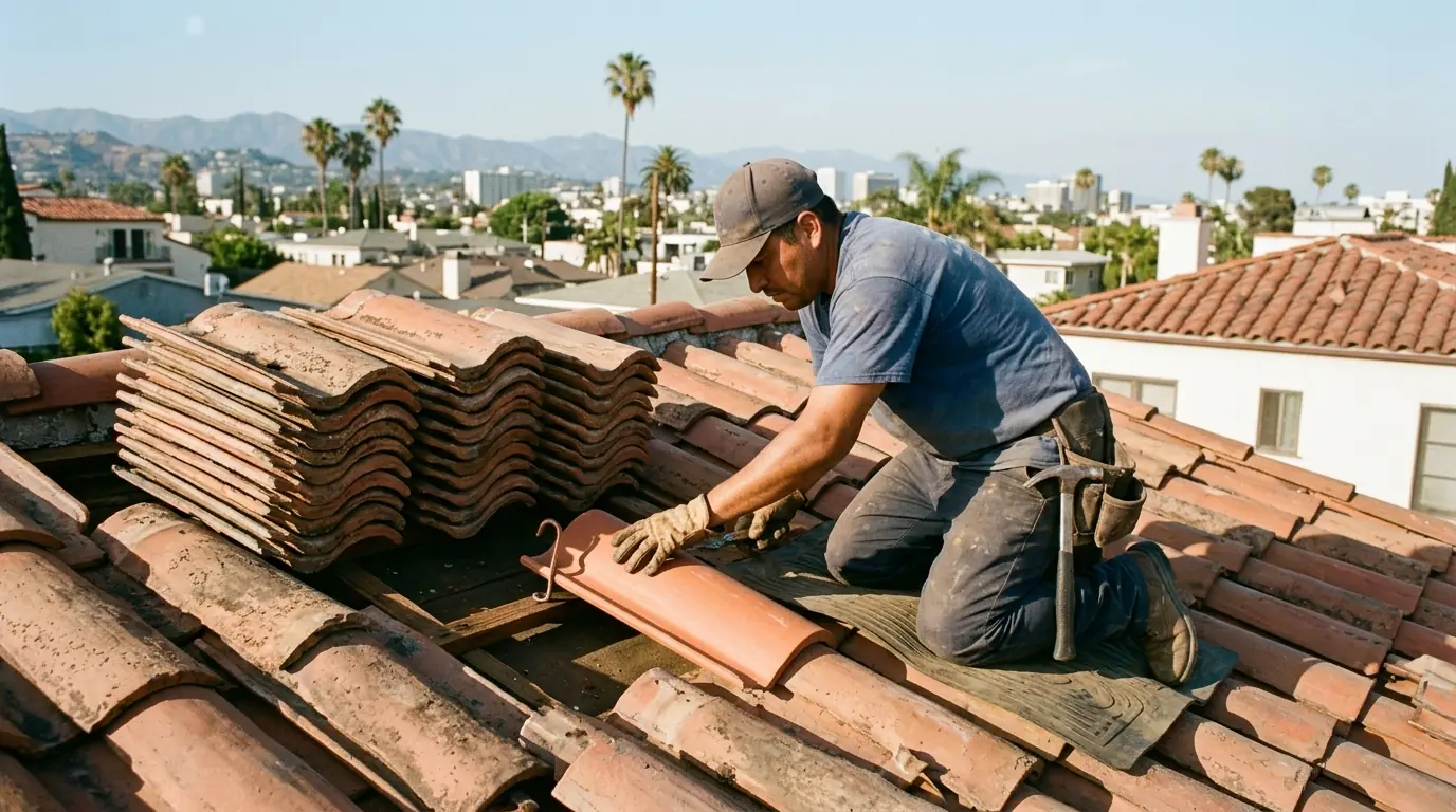 Roofer setting a matched clay tile on a Spanish style Los Angeles roof