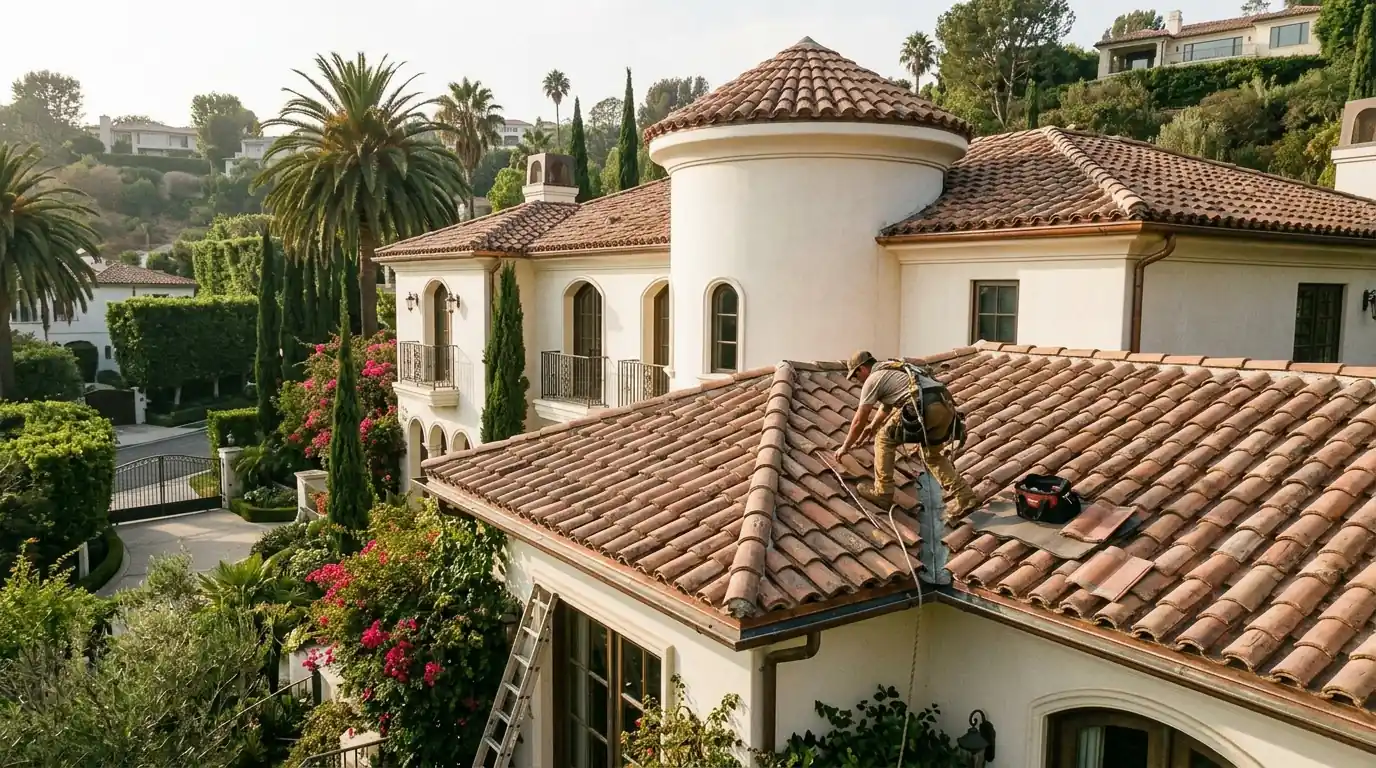 Roofer working on a clay tile valley on a Beverly Hills home
