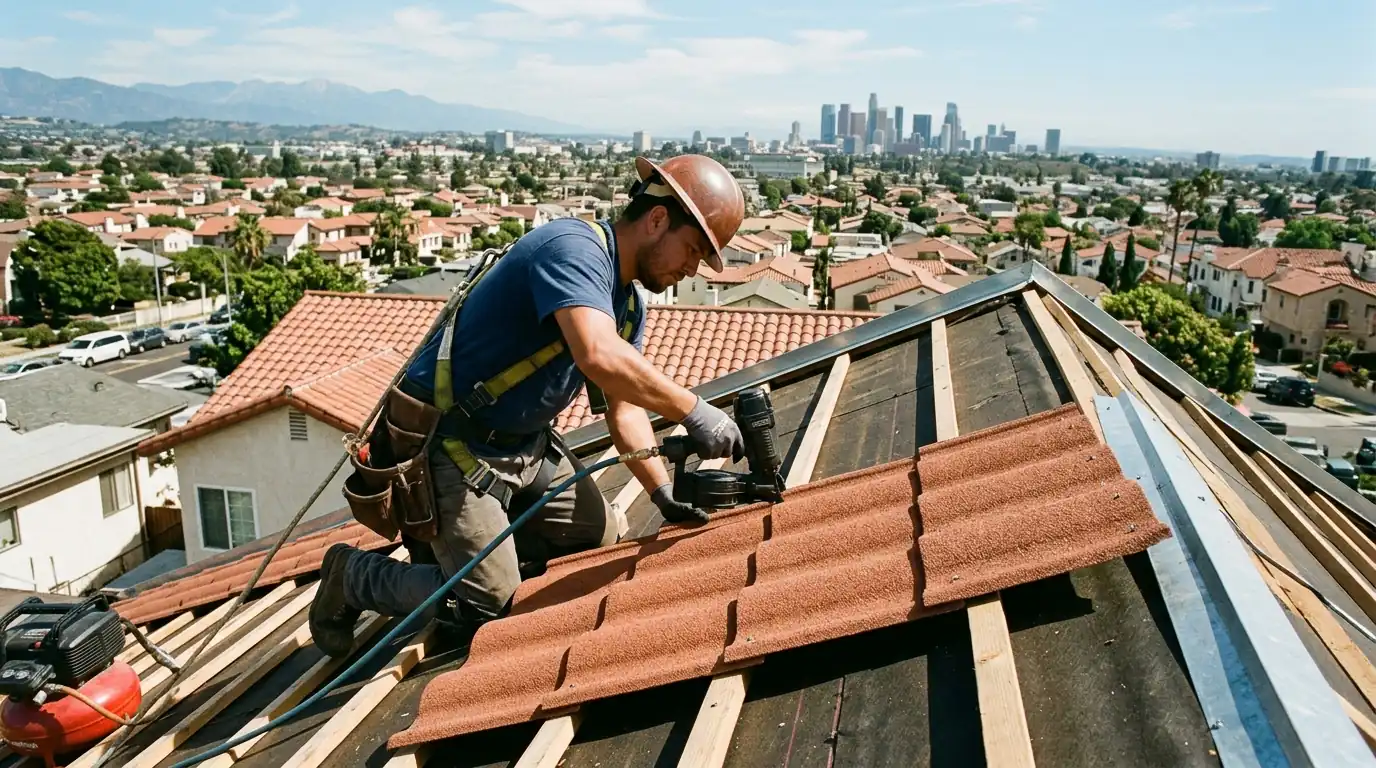 Roofer fastening stone-coated steel panels to battens