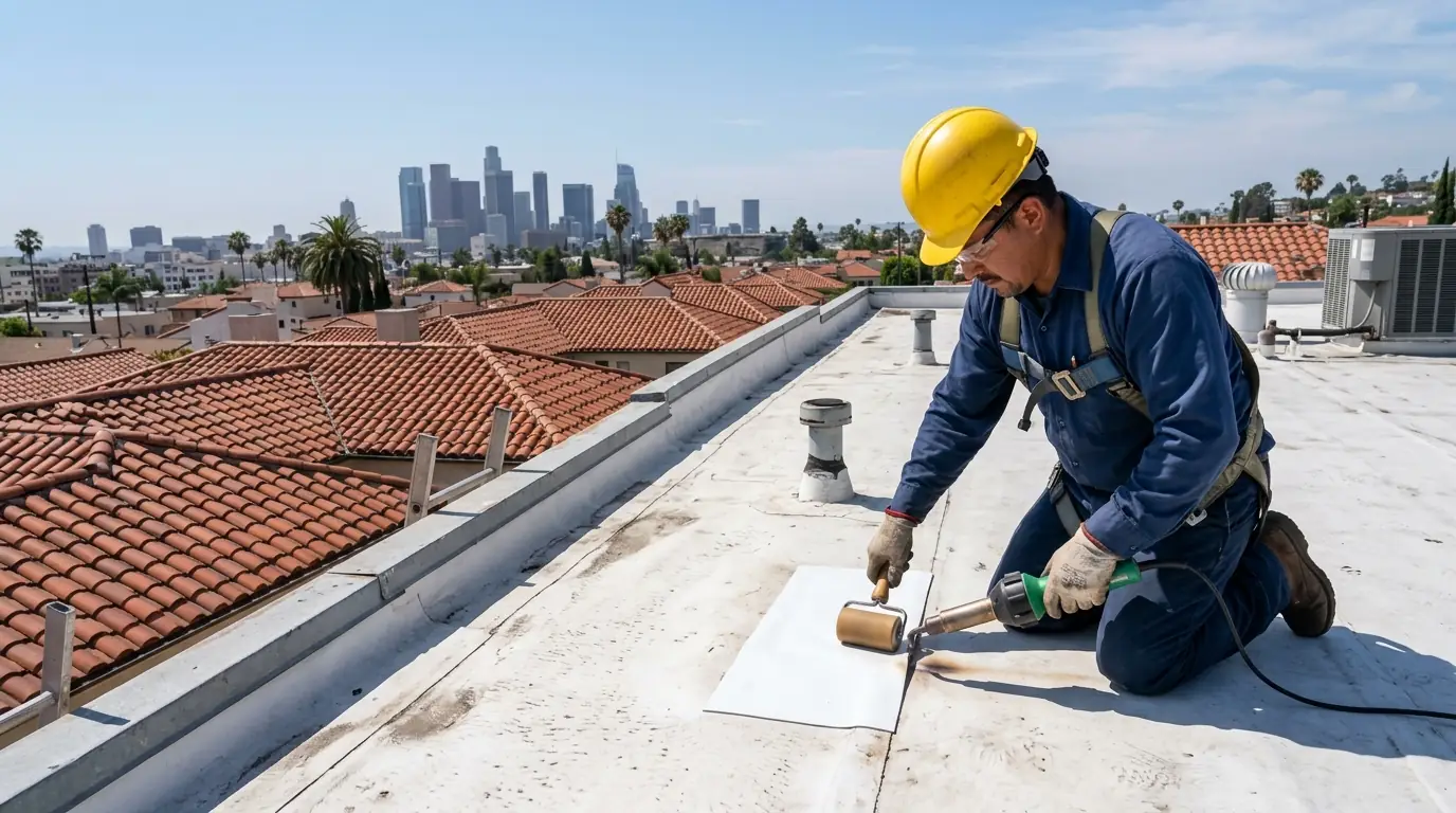 Roofer heat-welding a patch over a split TPO seam