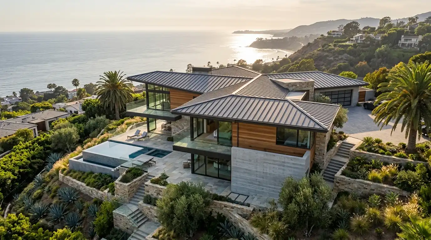 New metal roof on a rebuilt home in Pacific Palisades