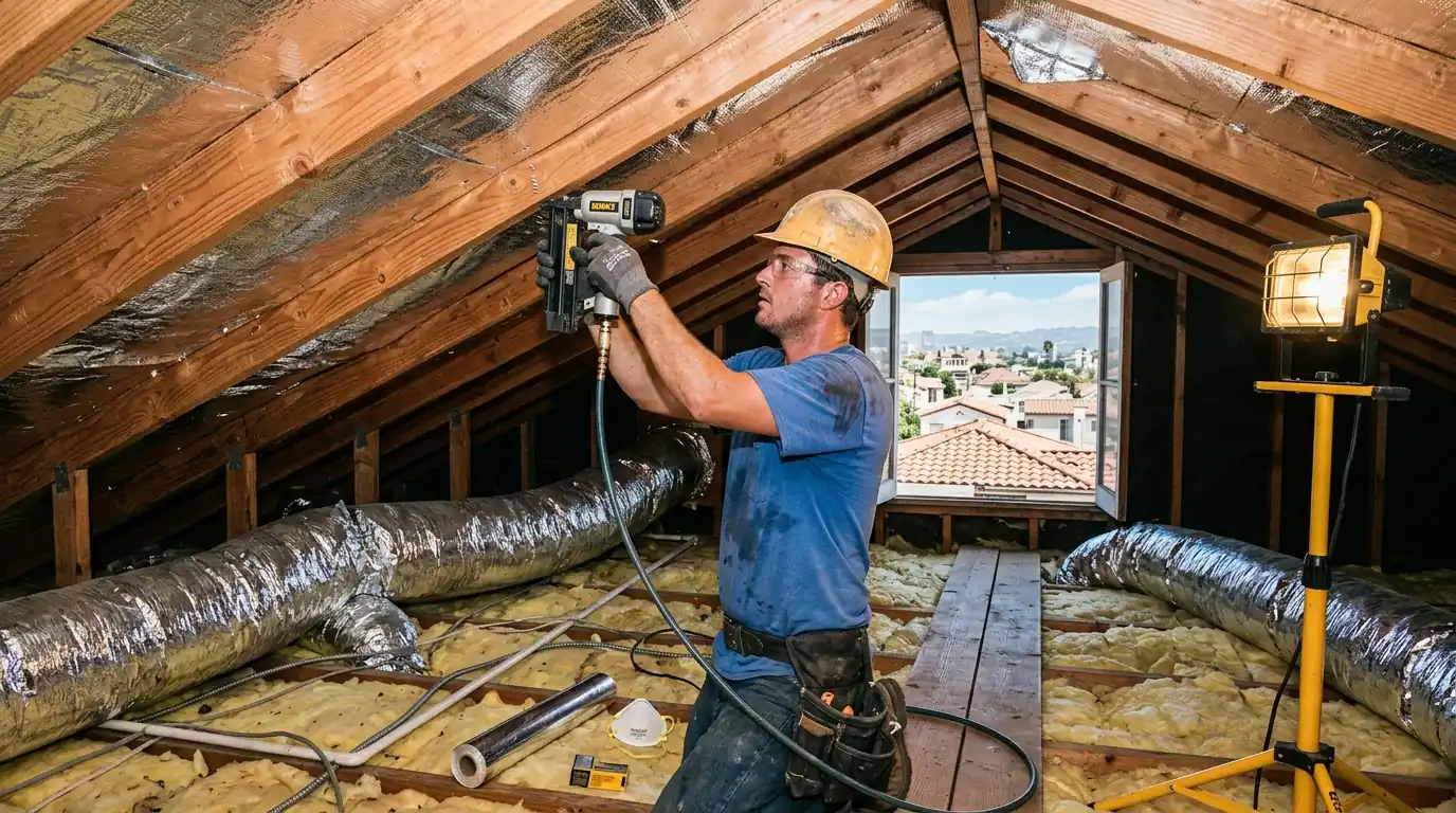 Installer fastening radiant barrier foil to rafters