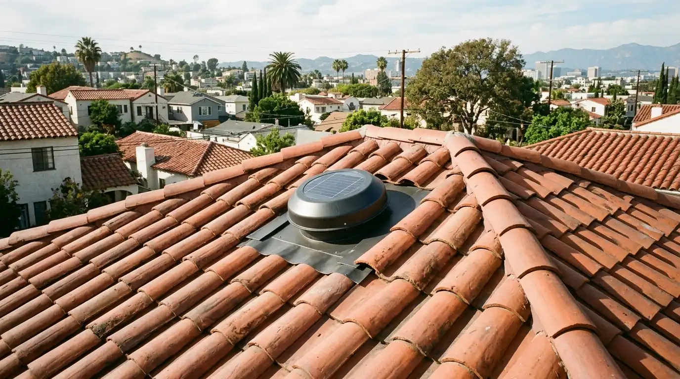 Solar attic fan on the rear slope of a hip roof