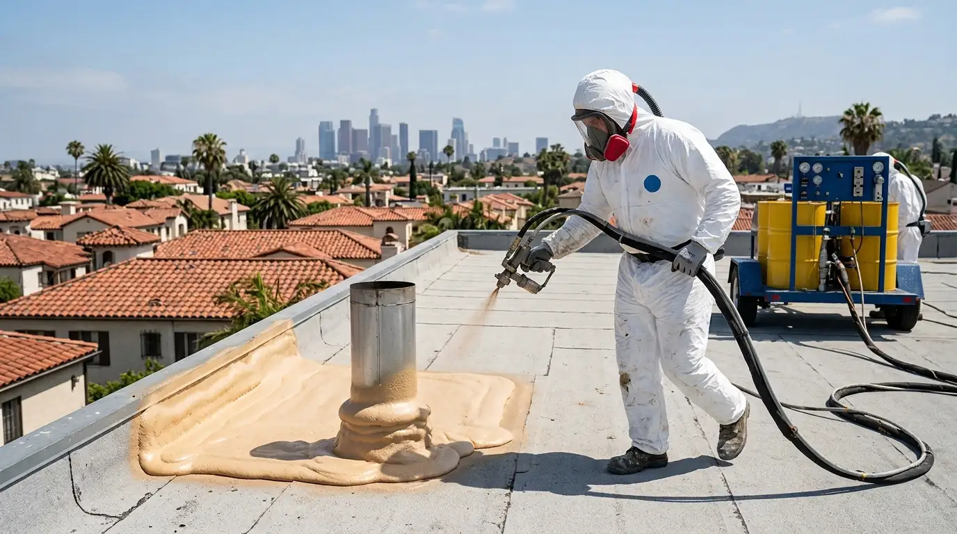 Applicator spraying foam onto a flat roof