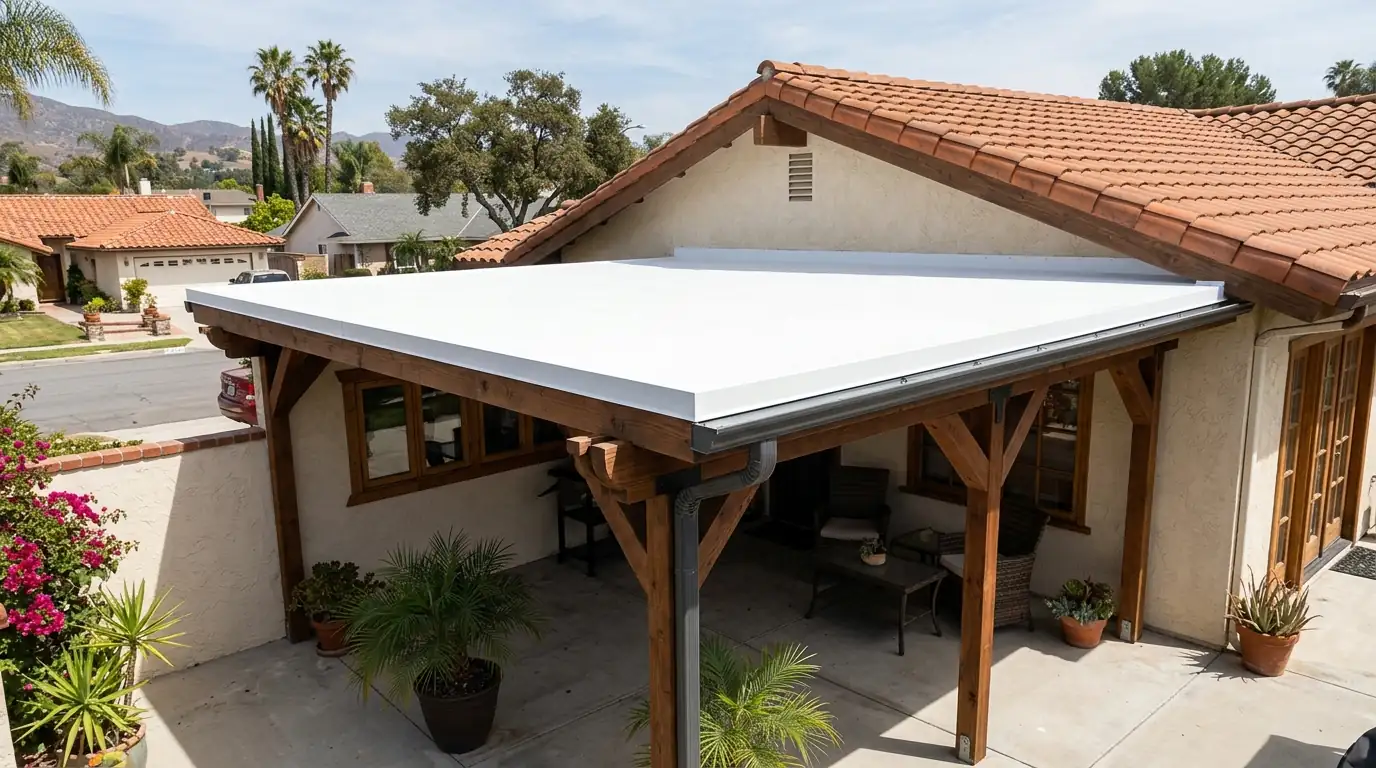 New membrane roof on a wood patio cover