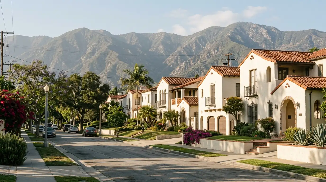 Clay tile roofs on a San Gabriel Valley street
