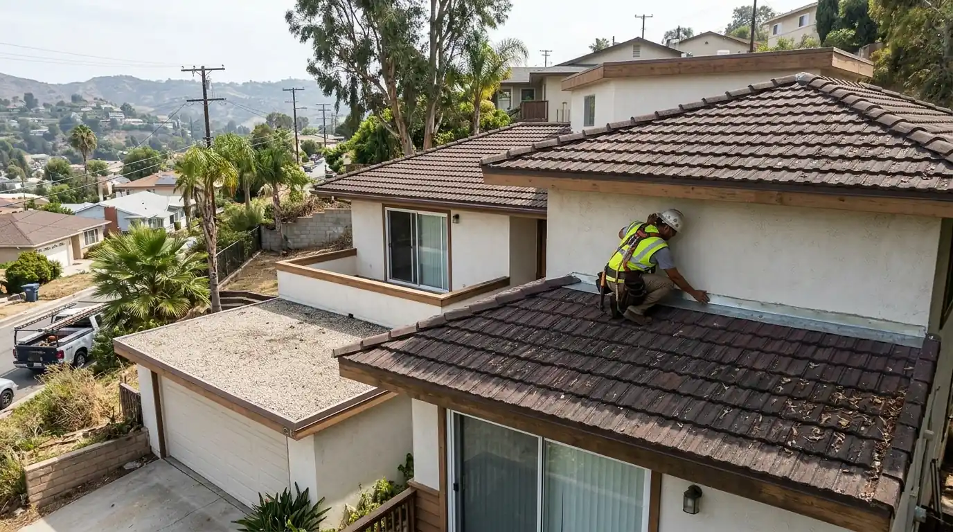 Roofer checking flashing on a split-level home in Monterey Park