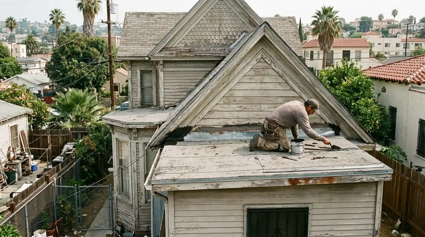 Roofer sealing an addition roof joint on a Boyle Heights home