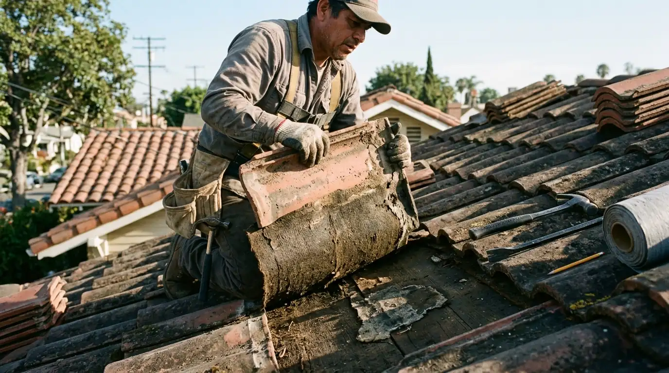Roofer lifting a cracked clay tile to reach the underlayment on a Los Angeles bungalow