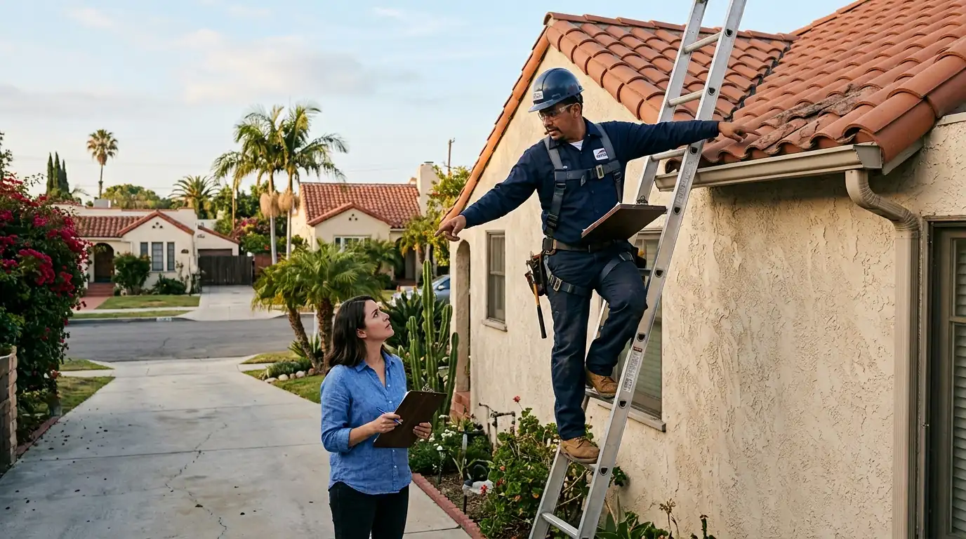 Roofer at the eave pointing out worn shingles to a homeowner
