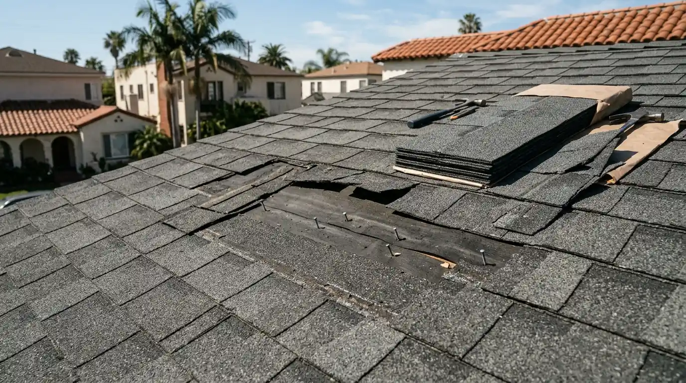 Torn-off shingle tabs with replacements ready