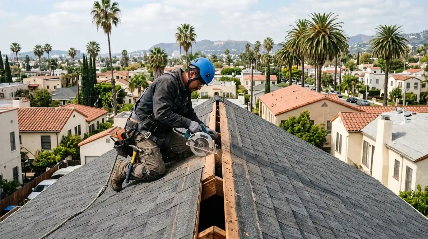 Roofer cutting a ridge vent slot along a Los Angeles roof peak