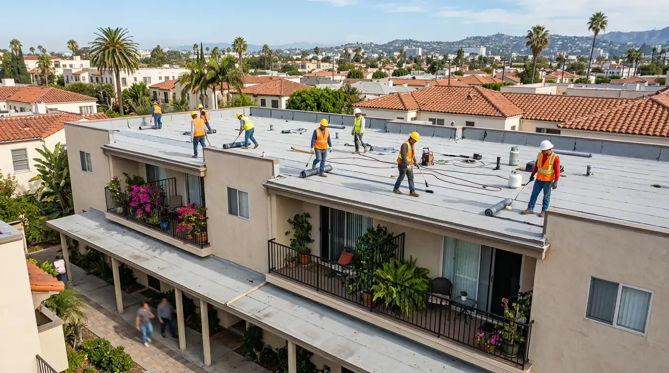 Crew on the flat roof of a two-story apartment building