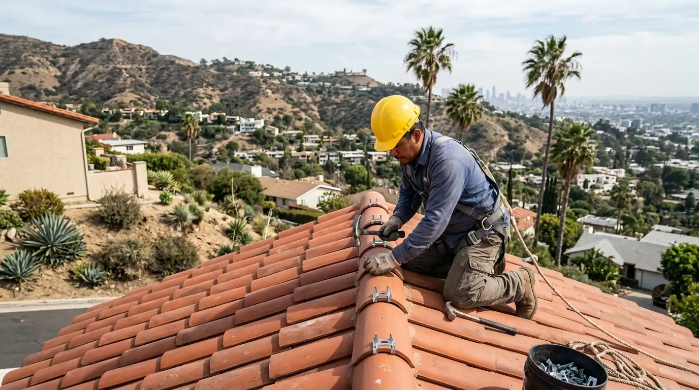 Roofer refastening ridge tiles before wind season