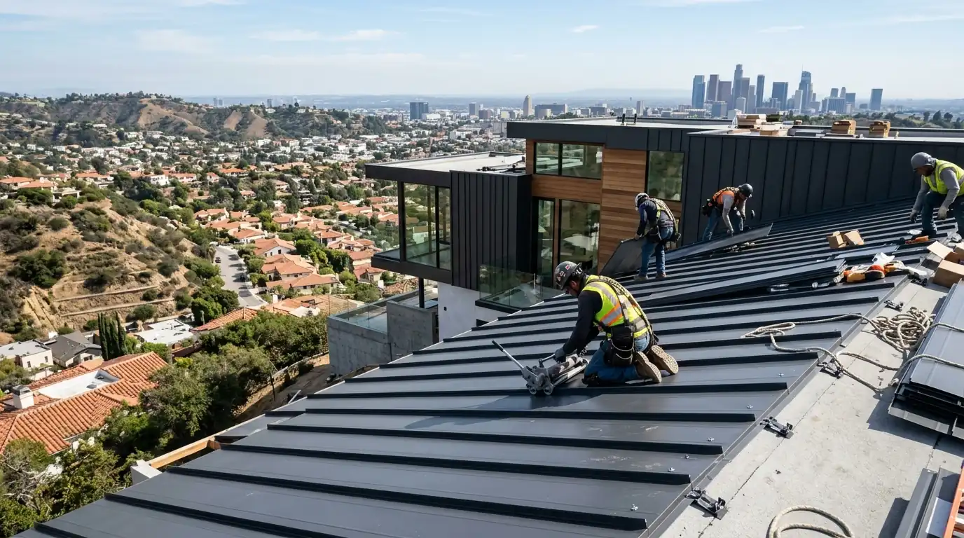 Crew installing standing seam panels on a hillside home