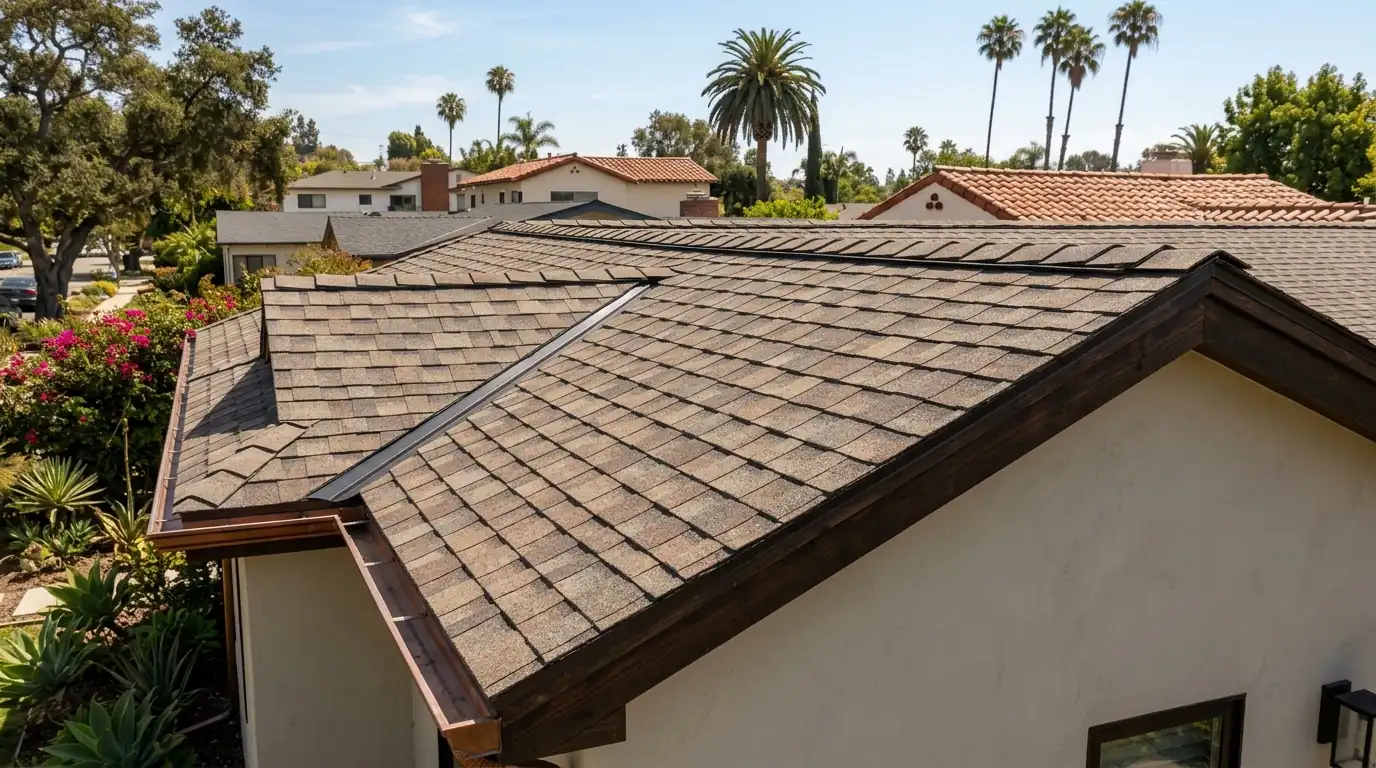 Wood-tone architectural shingles after a shake conversion