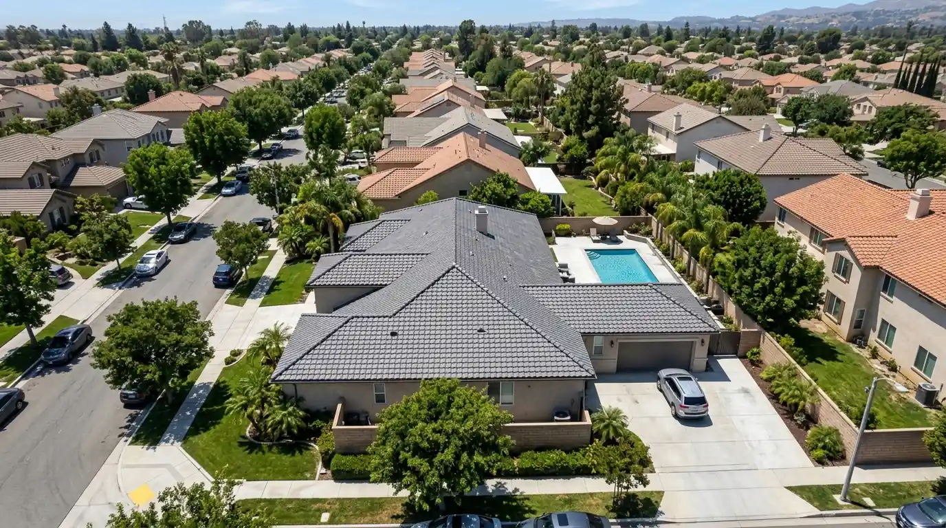 Overhead view of a finished concrete tile roof in the San Fernando Valley