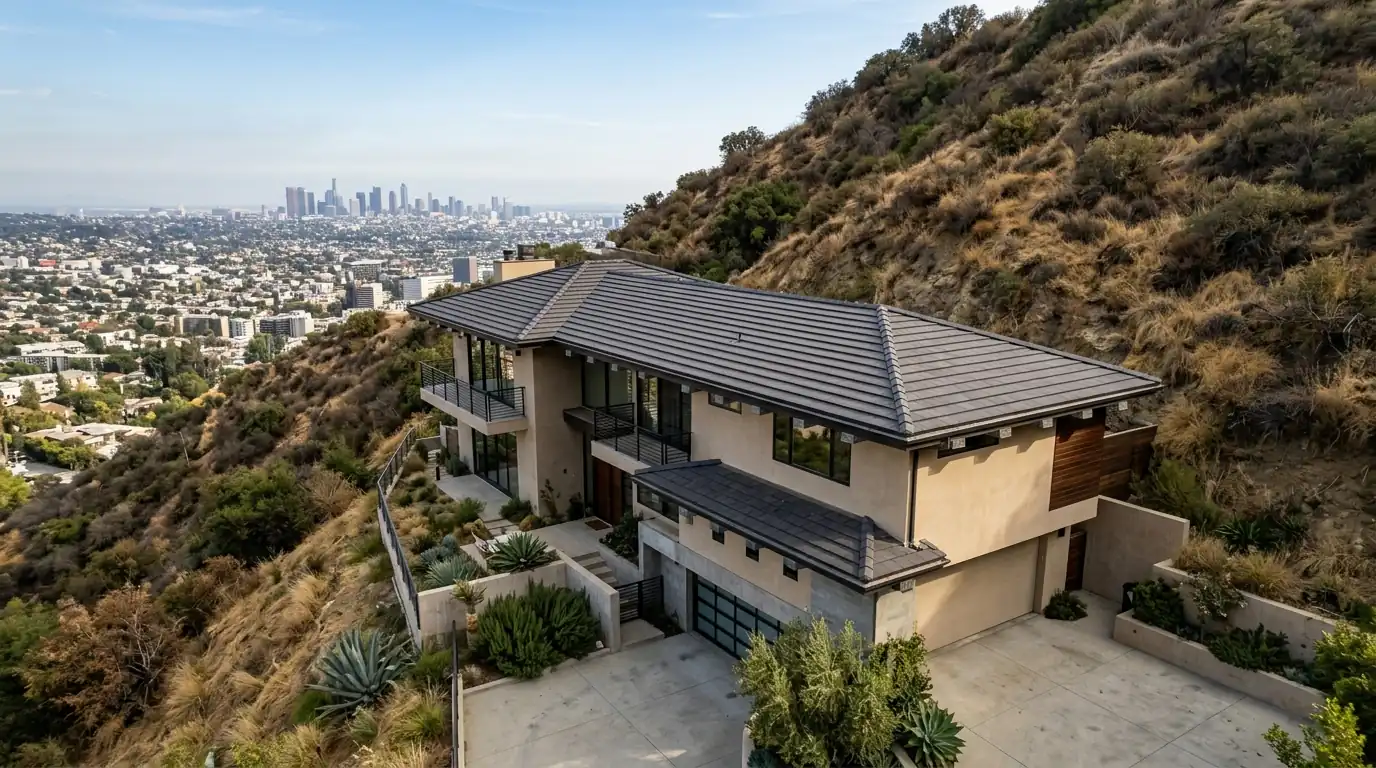 Hillside home with a Class A tile roof and ember-resistant vents