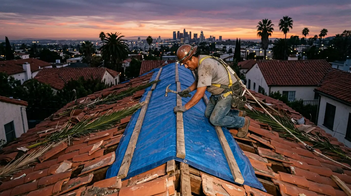 Roofer fastening a tarp over a wind-damaged tile roof