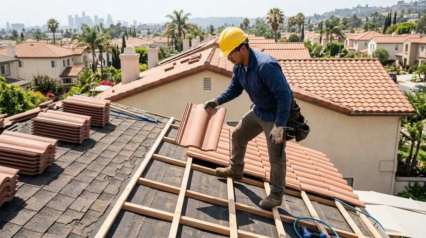Roofer lifting a lightweight concrete S-tile