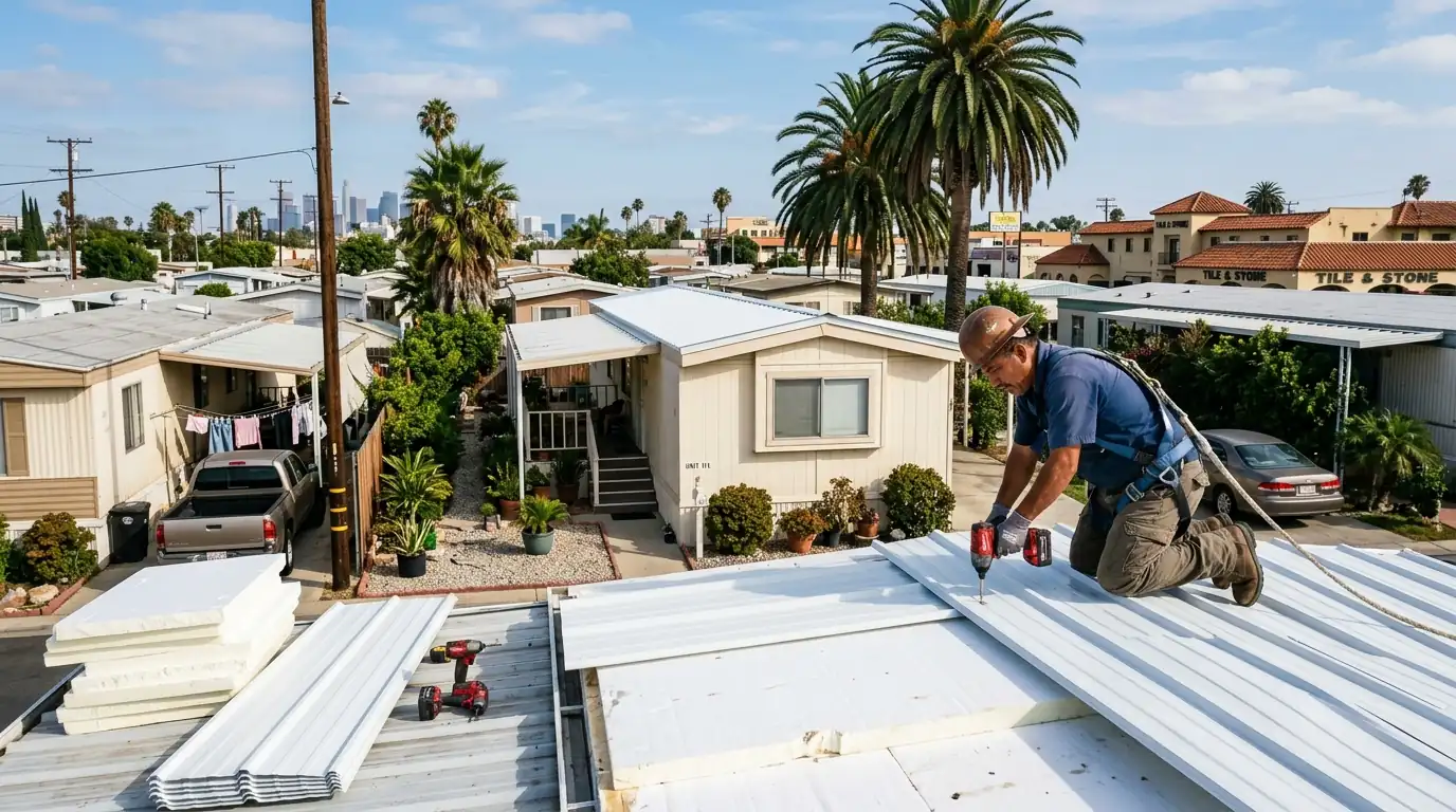 Roof-over being installed on a single-wide mobile home