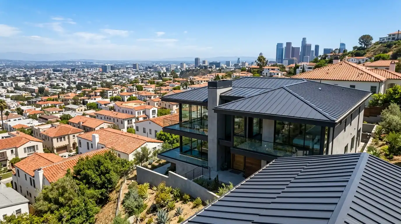 Standing seam metal roof on a Los Angeles hillside home