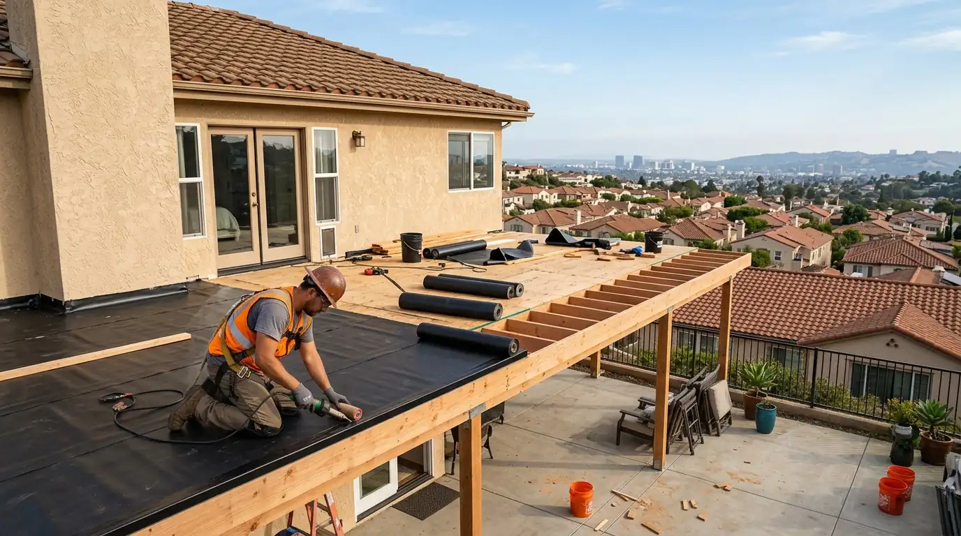 Roofer installing a membrane on a wood patio cover