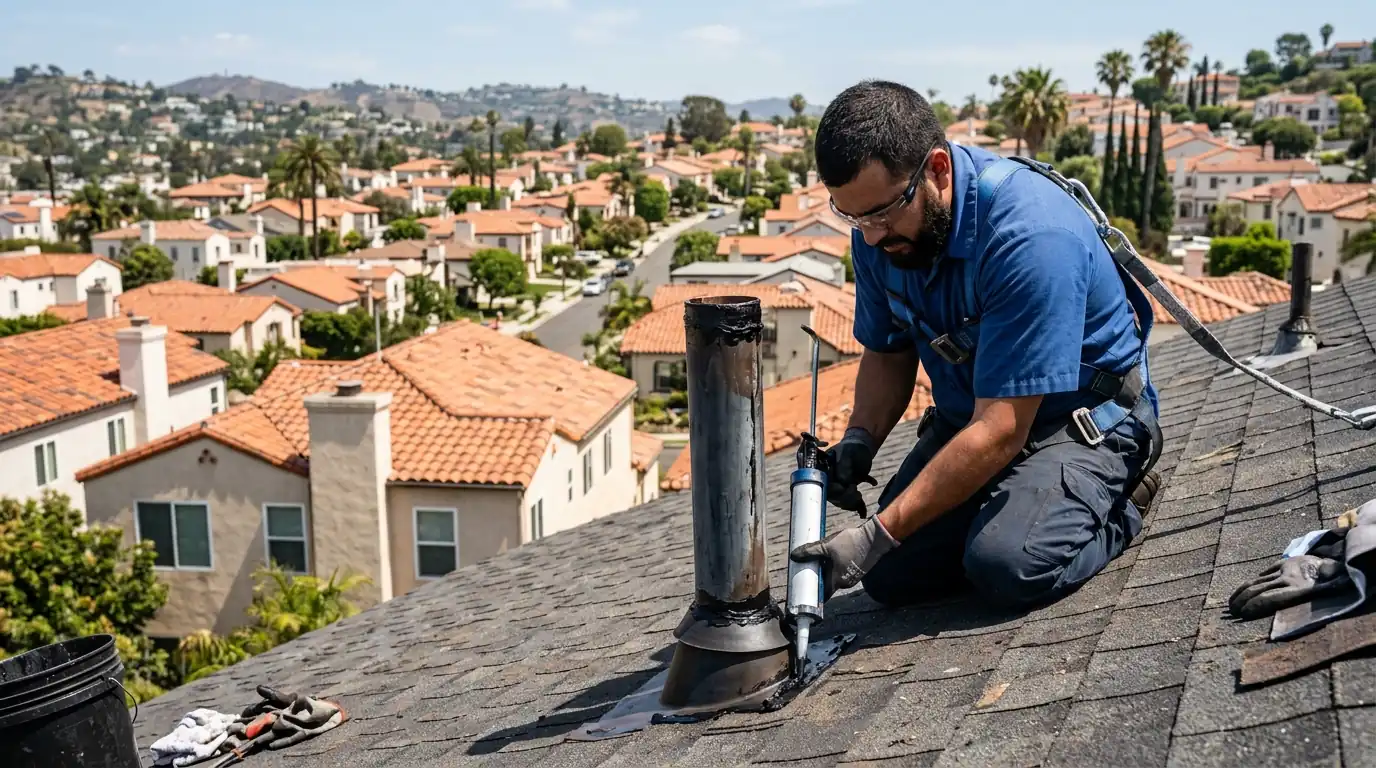 Roofer sealing a pipe boot on a Los Angeles composition roof