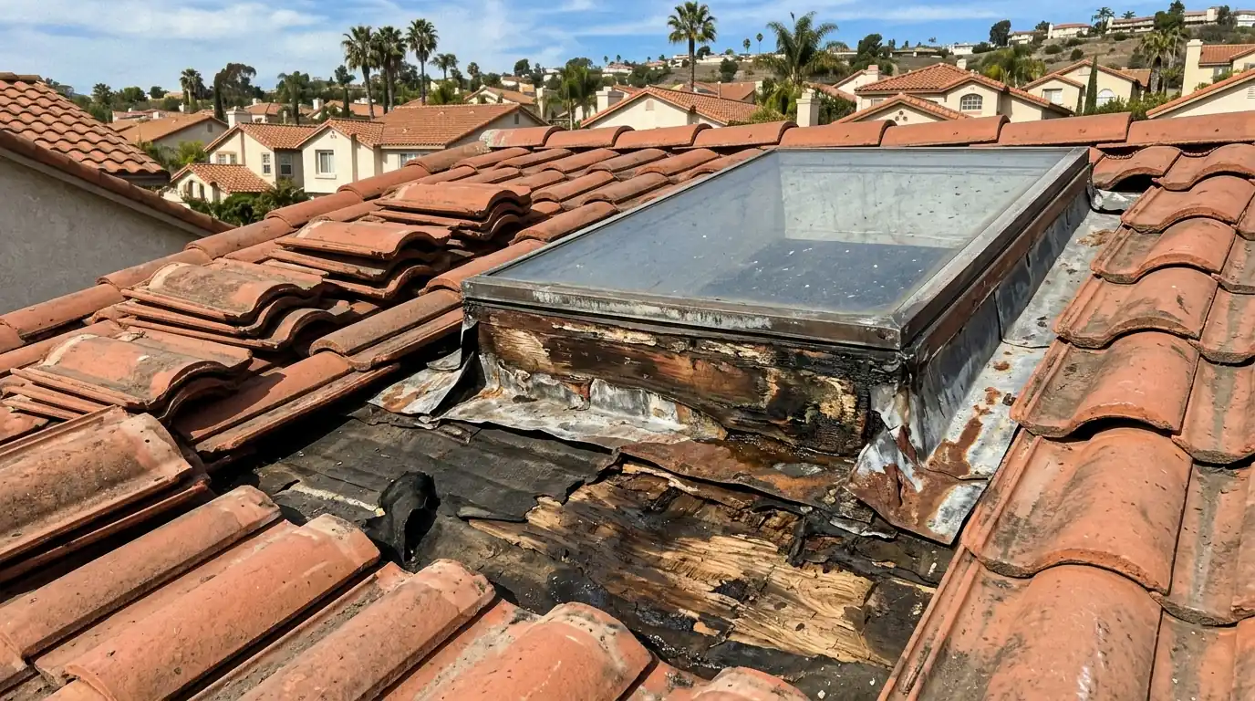 Roofing lifted around a skylight to expose failed flashing