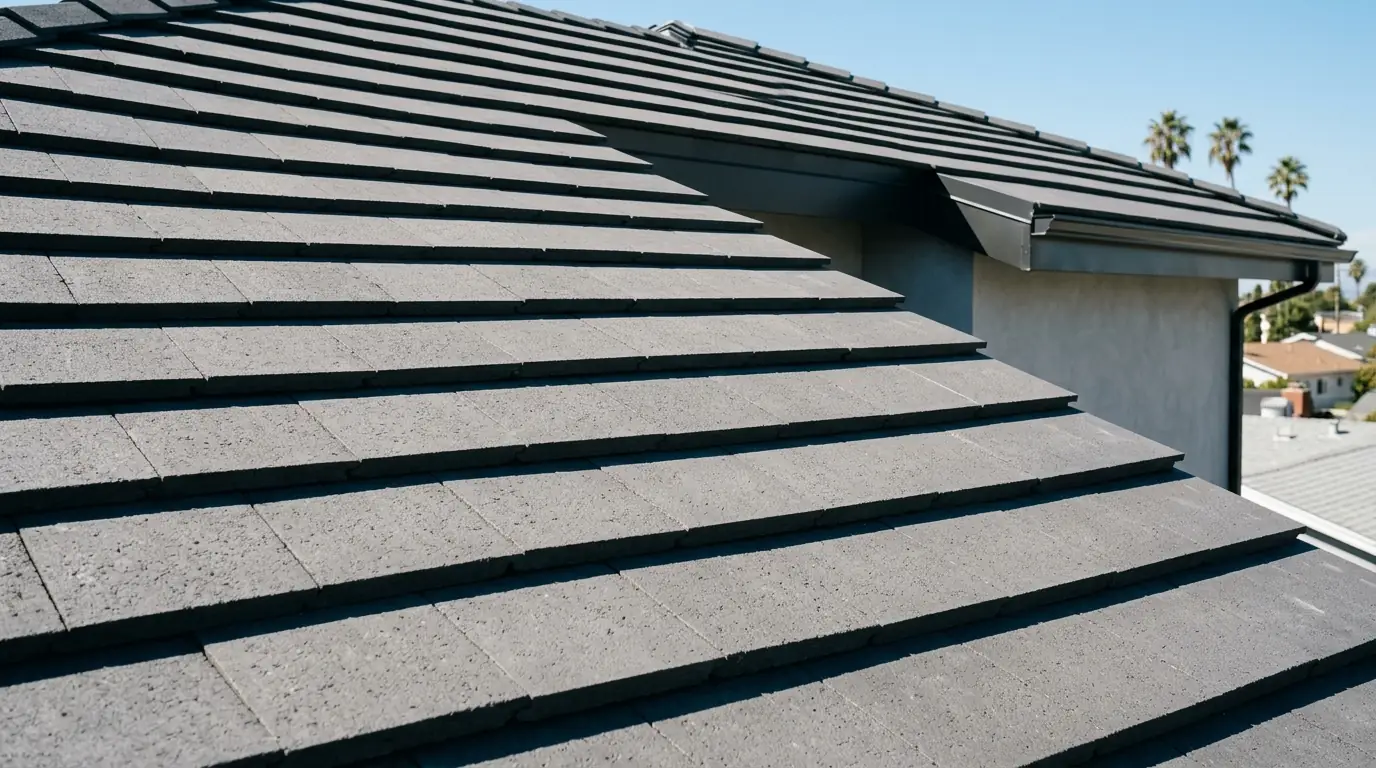 Charcoal flat concrete tiles in straight courses