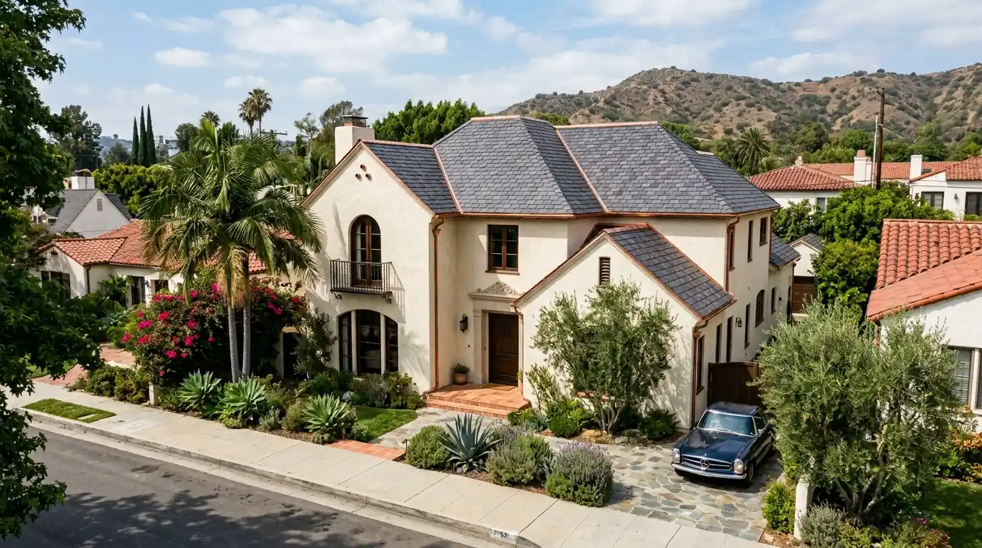 Composite slate roof with copper flashing
