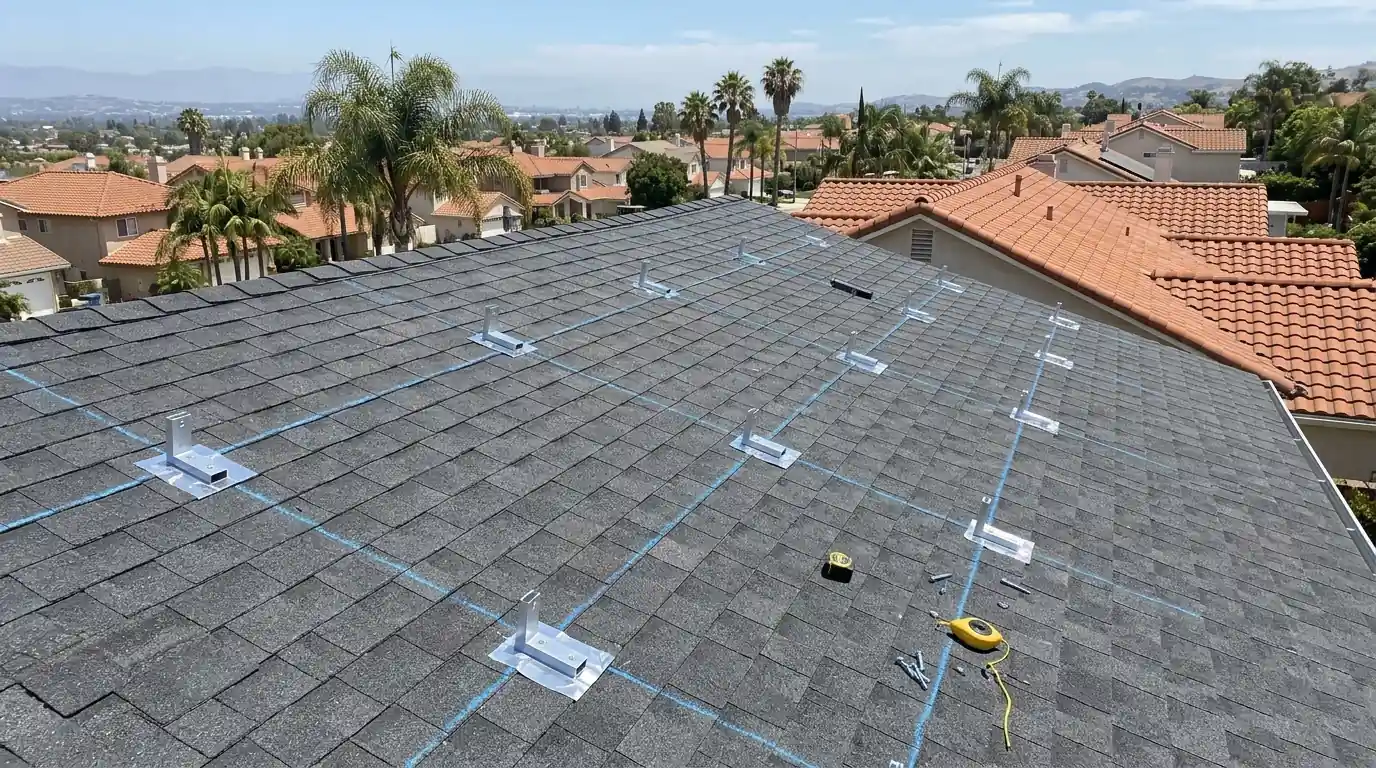 Chalked layout and new flashed standoffs on a replaced roof