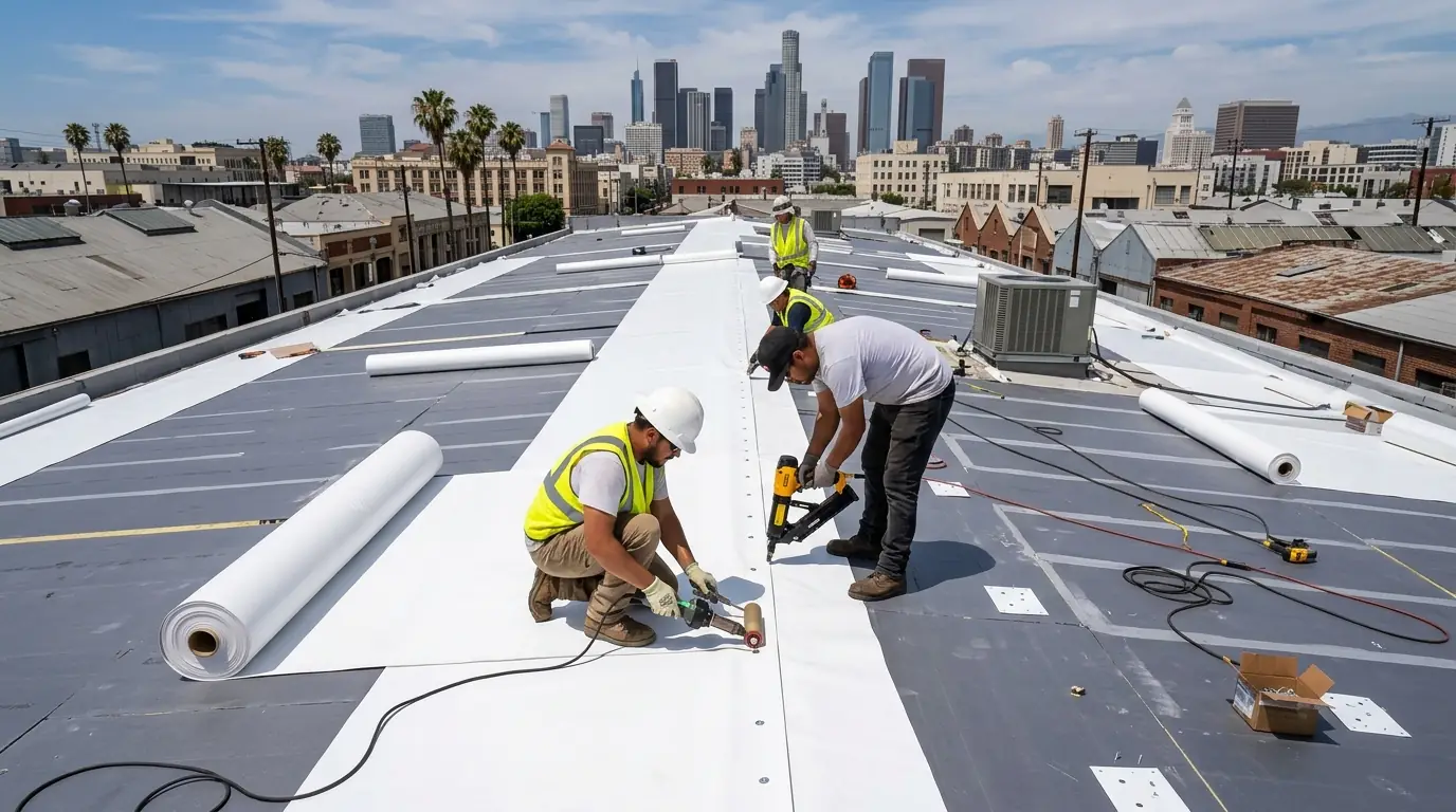 TPO rolls laid over new insulation boards