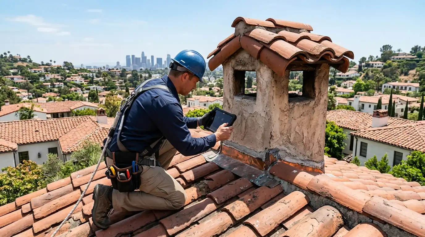 Inspector photographing chimney flashing on a tile roof