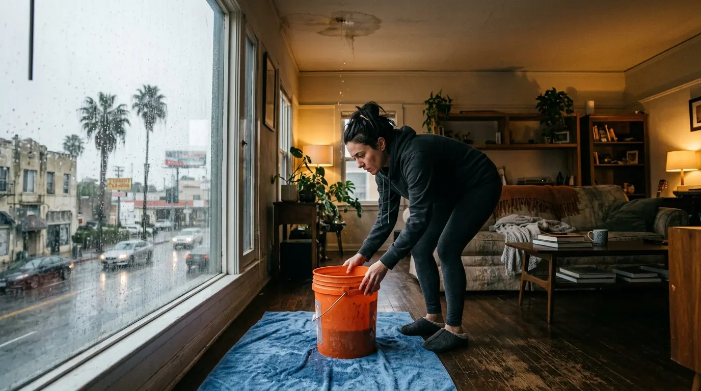Bucket placed under a ceiling drip during rain