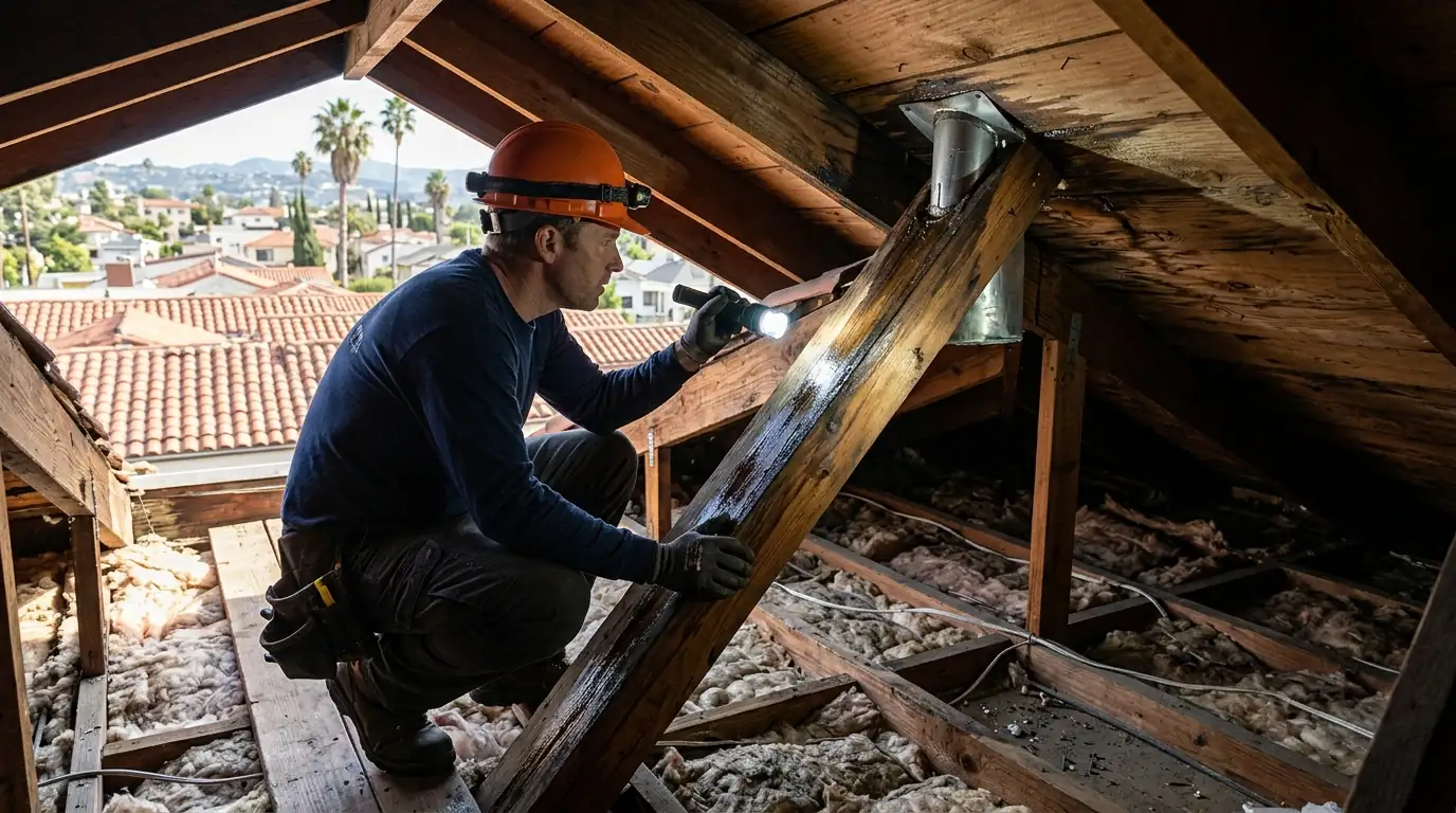 Roofer following a water stain along a rafter in an attic