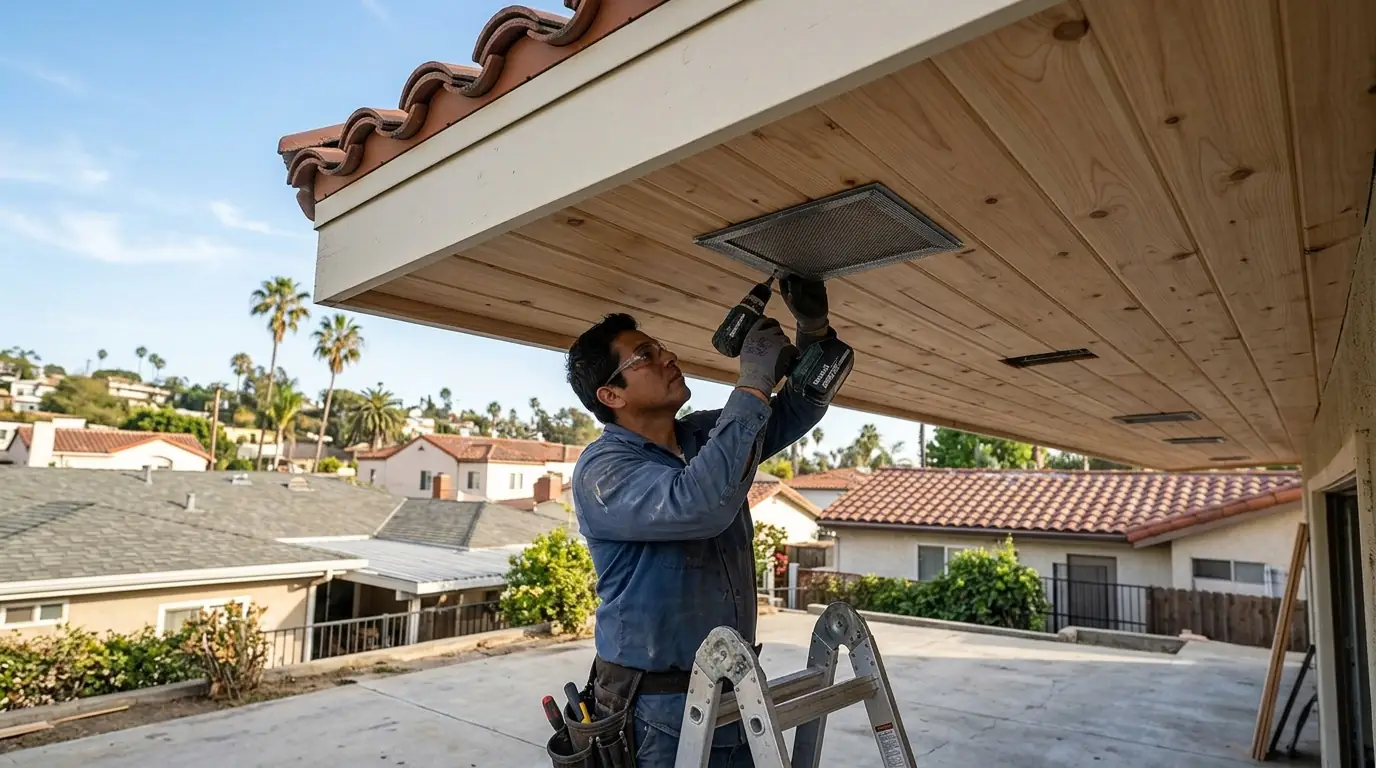 New soffit boards and an ember-resistant vent under an eave