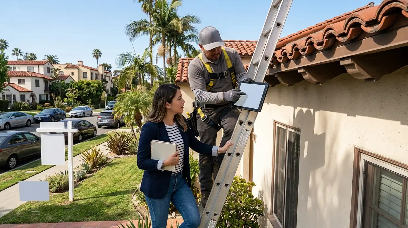 Roofer showing a buyer inspection photos at the eave