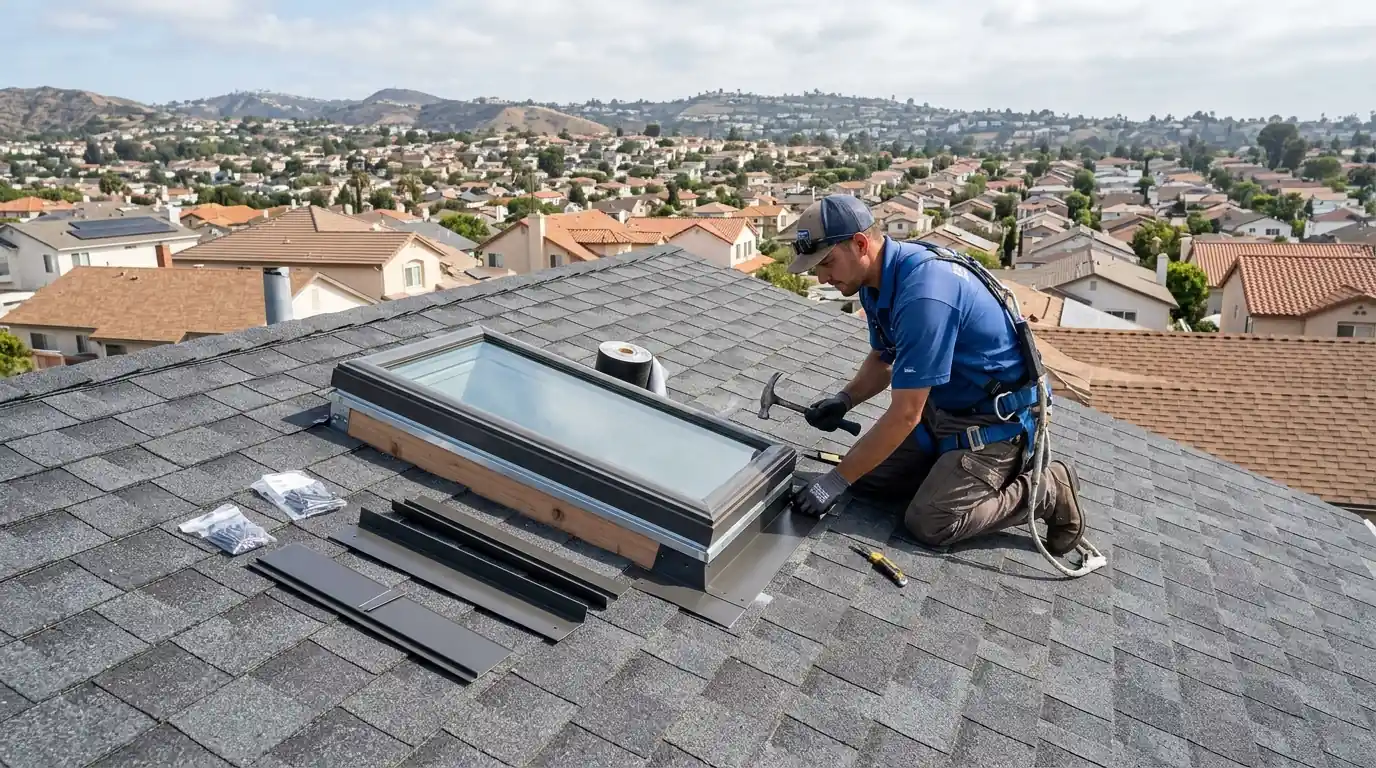 Roofer fitting step flashing around a new skylight