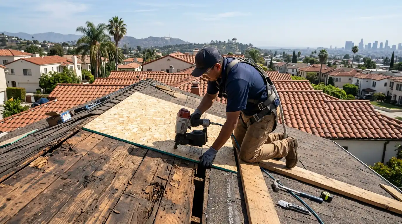 New plywood sheet replacing rotted decking