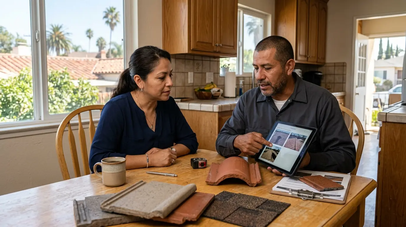 Homeowner and roofer reviewing a written scope