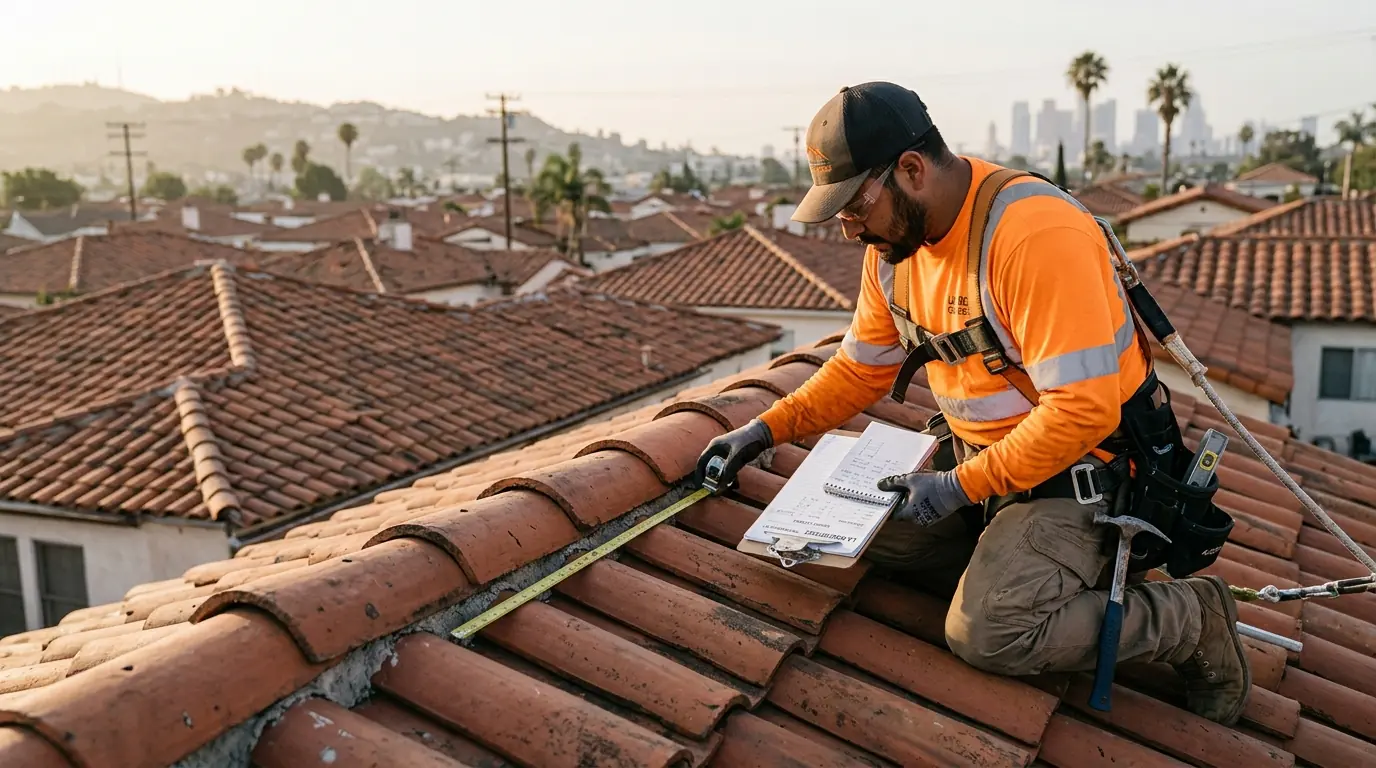 Roofer measuring a roof slope before writing a quote