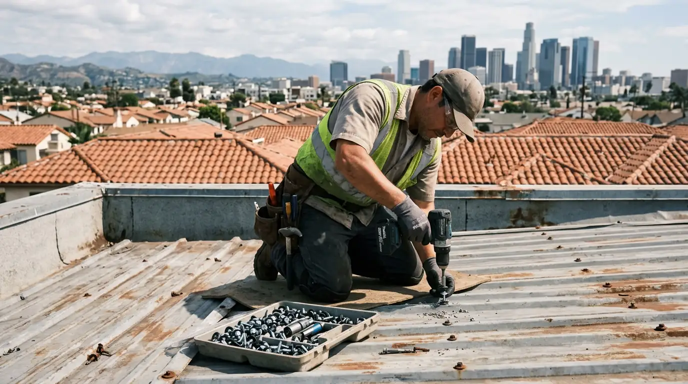 Roofer replacing rusted screws on a corrugated roof
