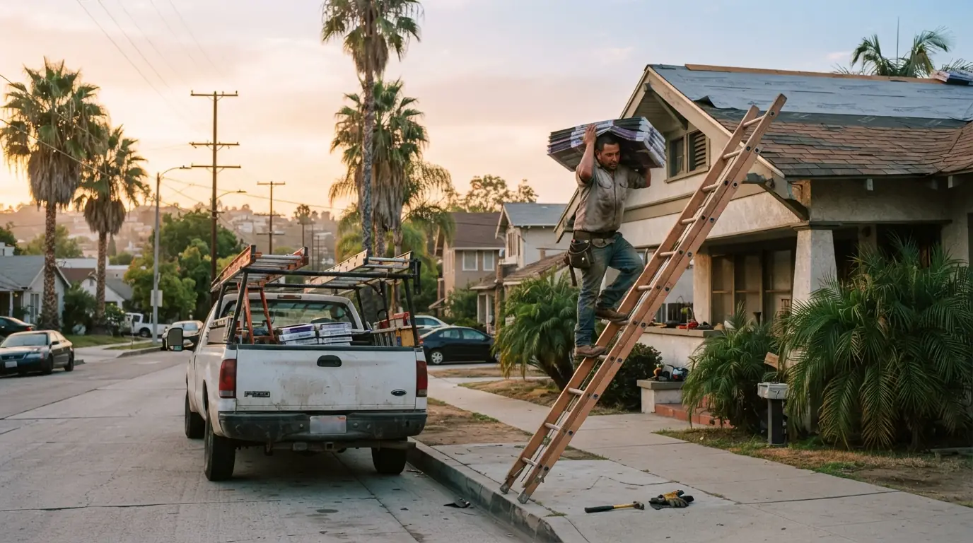 Roofer carrying shingles up a ladder to a Los Angeles bungalow